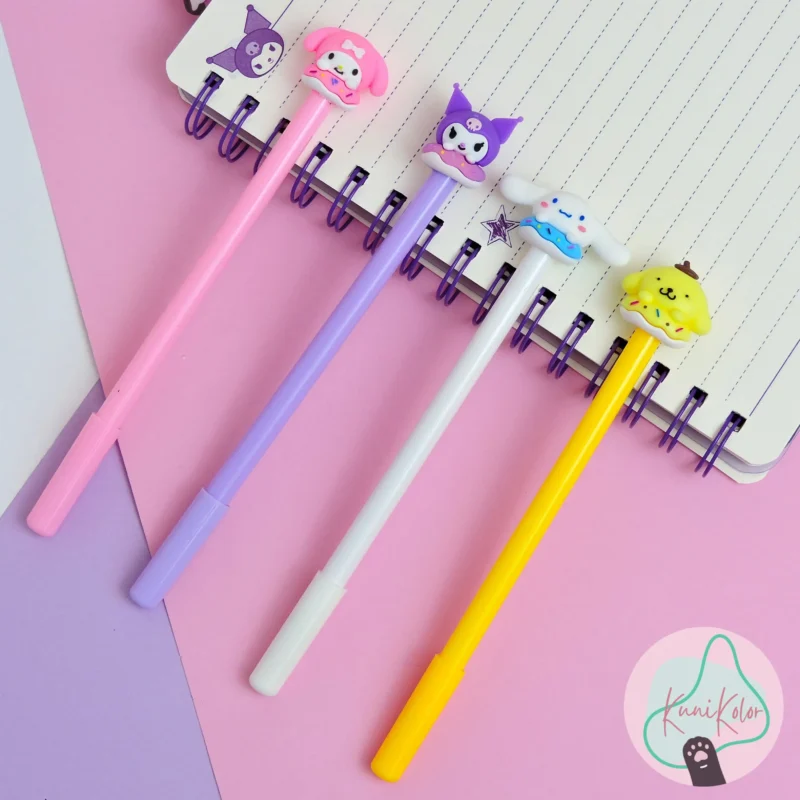 personajes de sanrio (Pompompurin, cinnamoroll, kuromi y my melody) con mina negra