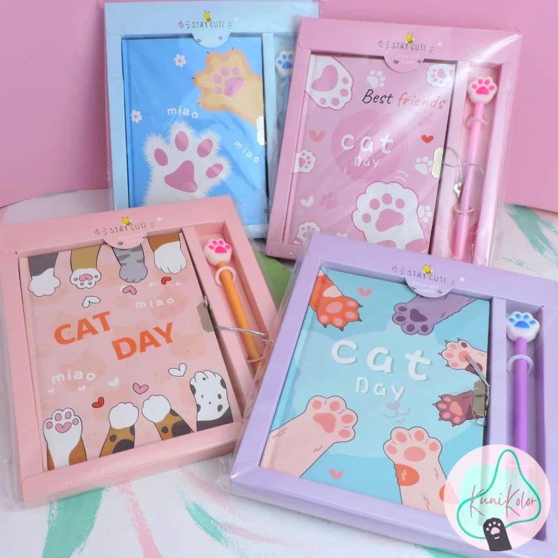 Kits diario con candado kawaii de gatos + esfero de huellita en 4 colores diferentes