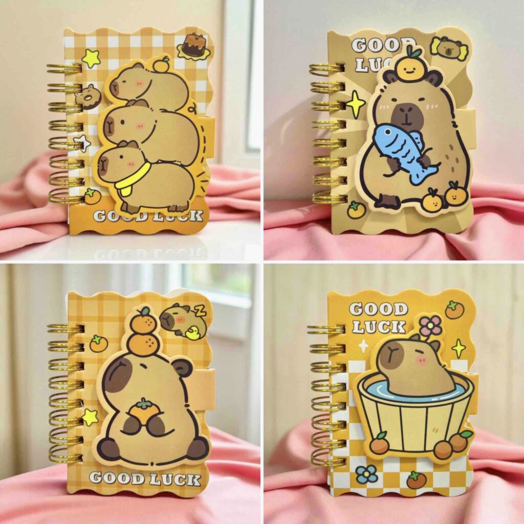 Libreta capibara mini kawaii con imán de cierre y espiral dorado Kunikolor