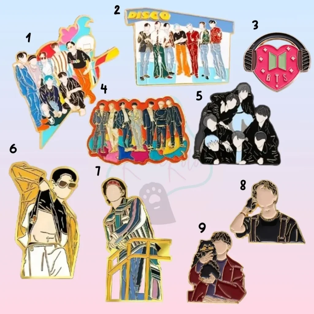 Pin metalico kpop kunikolor, 9 modelos diferentes de los integrantes de BTS