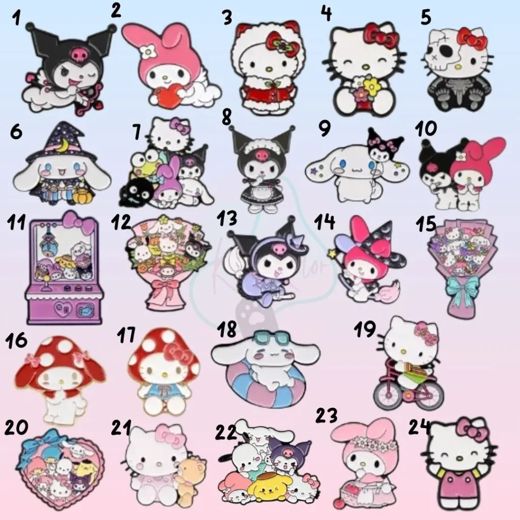 pin metalico sanrio kawaii, 24 modelos diferentes de personajes como kuromi, my melody, cinnamoroll, hello kitty