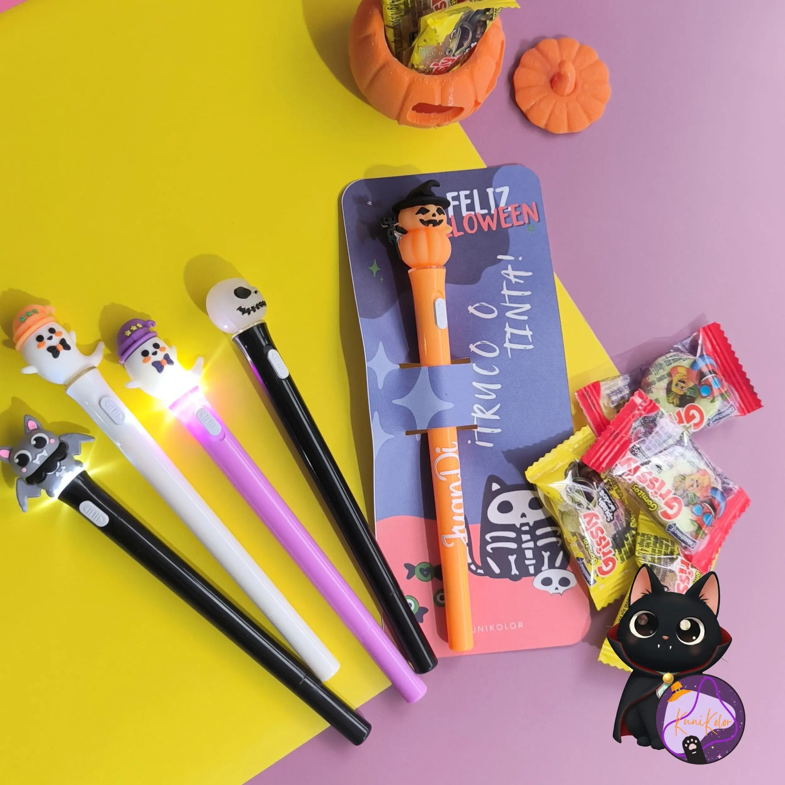 Kit esfero Halloween con dulces 5 Esferos lapiceros halloween con luz calabaza fantasma jack murcielago con 2 Kit esfero Halloween con dulces - Image 5